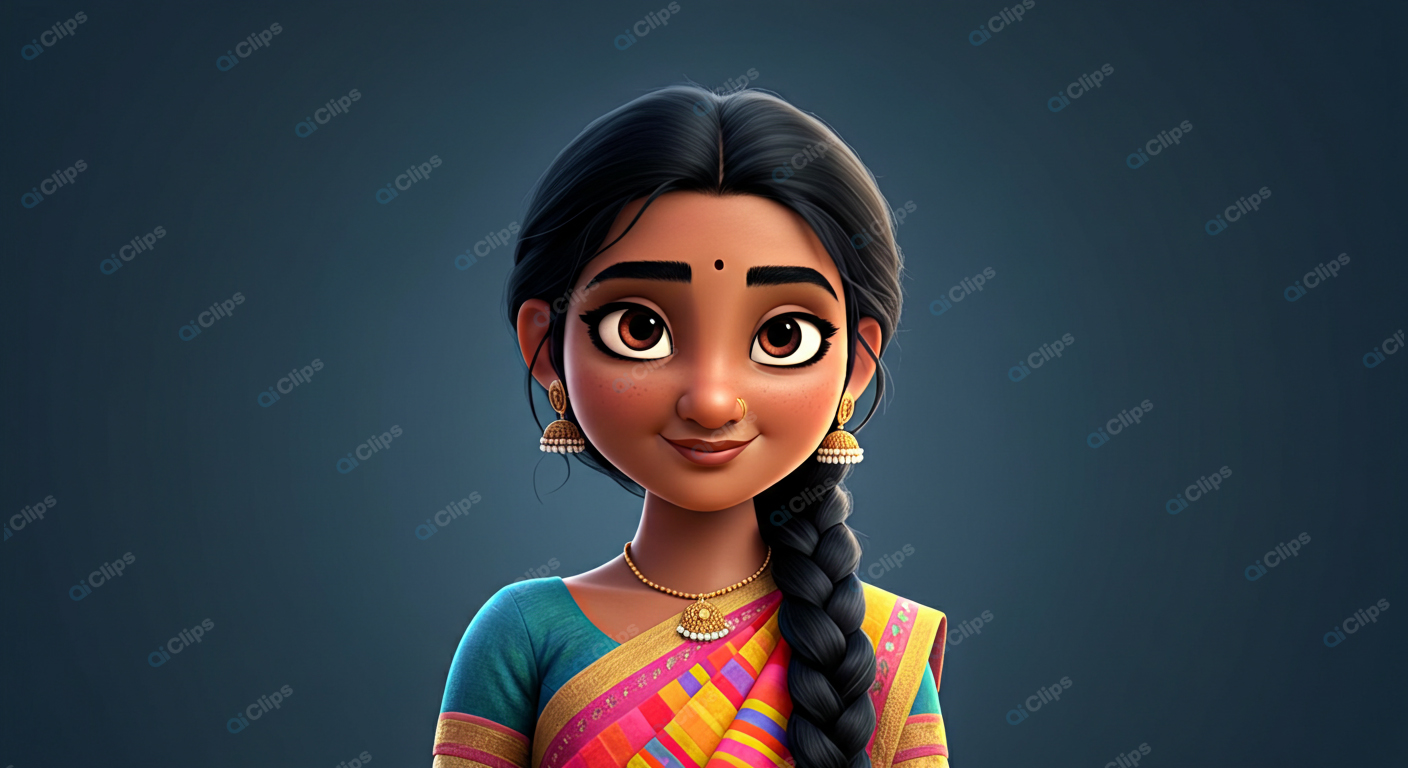 Traditional Animated Character in Vibrant Sari with Braided Hair