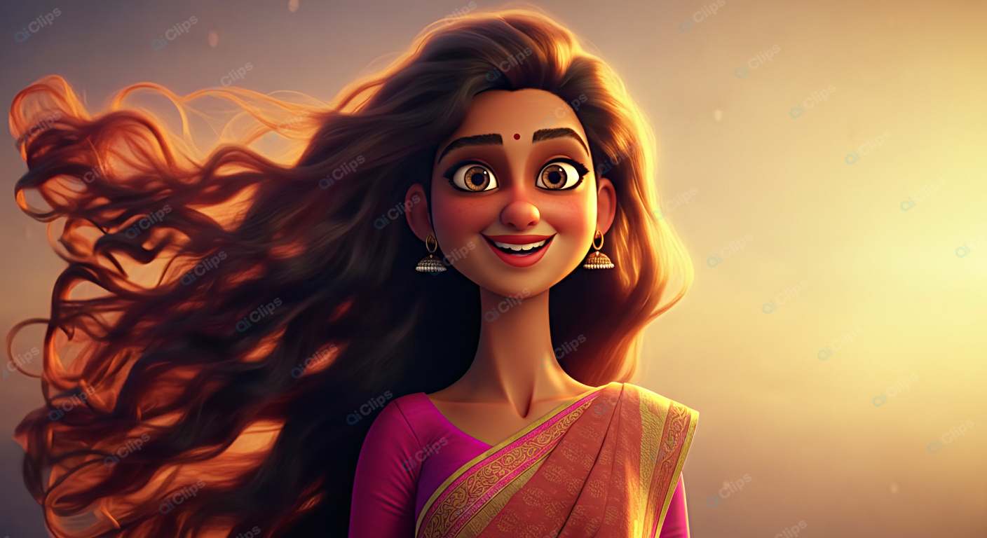 Animated Woman in Traditional Attire with Flowing Hair