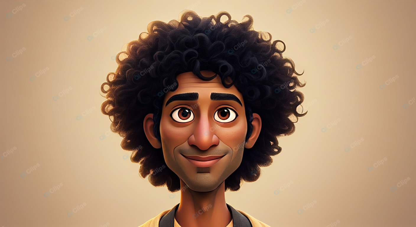Animated Character with Curly Hair and Brown Eyes