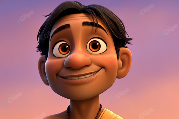 Animated Smiling Character Against Sunset Background