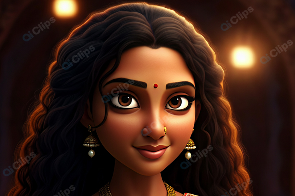 Animated Woman with Traditional Jewelry and Bindi in Warm Lighting