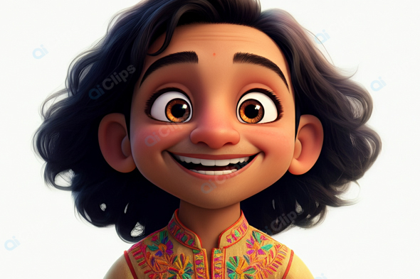 Childlike Animated Character with Embroidered Outfit and Curly Hair