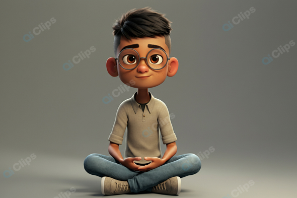 Animated Boy Sitting Cross-Legged with Glasses