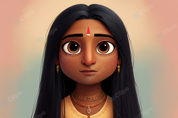 Animated Young Woman with Traditional Jewelry and Long Hair