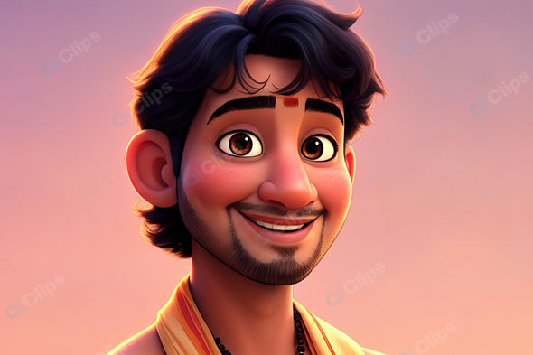 Smiling Animated Character with Sunset Background