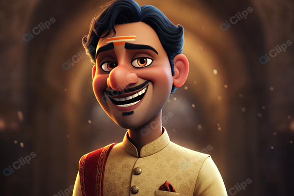 Smiling Animated Man in Traditional Outfit