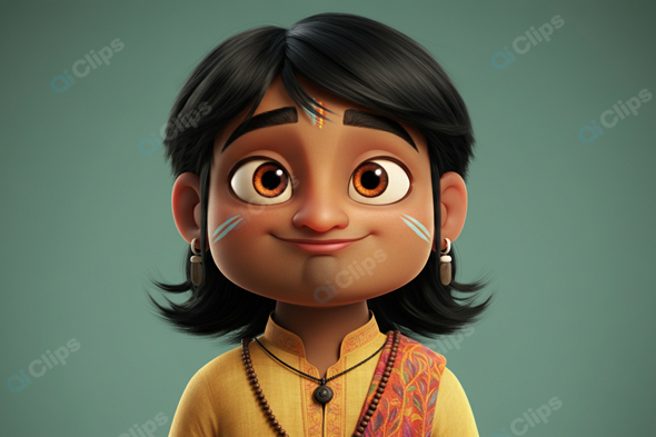 Cute Animated Child in Traditional Indian Attire