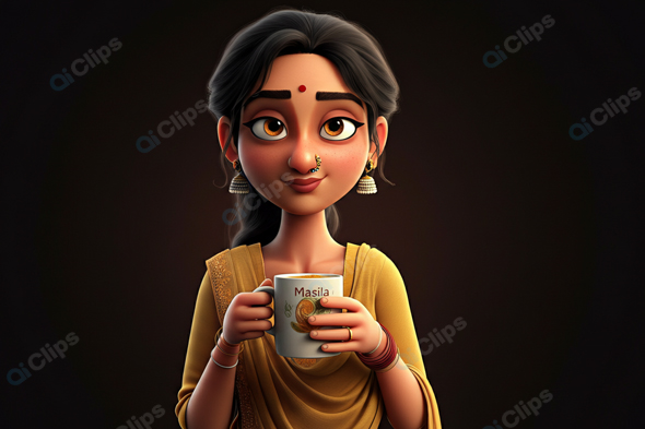 Animated Woman Sipping Tea in Traditional Attire