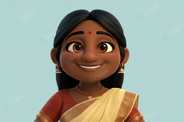 Animated Character in Traditional Saree with Earrings and Bindi