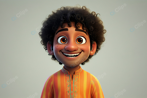 Smiling Animated Character with Curly Hair in Colorful Traditional Outfit