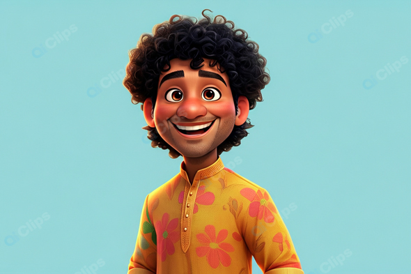 Smiling Animated Character in Floral Kurta Illustration