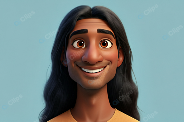 Smiling Animated Character with Long Hair on Blue Background