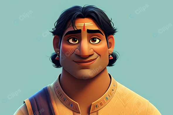 Portrait of Smiling Animated Character with Traditional Attire