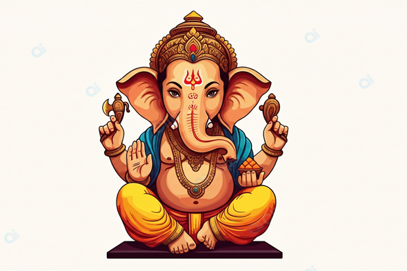Vibrant Illustration of Lord Ganesha with Auspicious Symbols