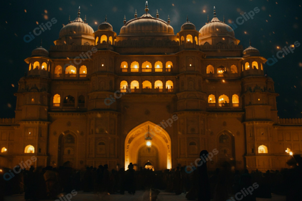 Illuminated Palace at Night with Crowds
