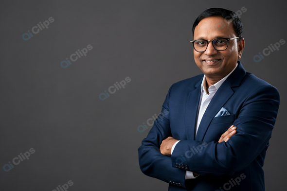 Professional Businessman in Suit and Glasses on Grey Background