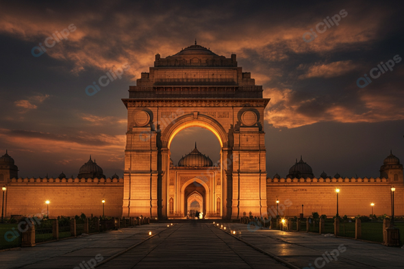 India Gate Illuminated at Sunset in New Delhi