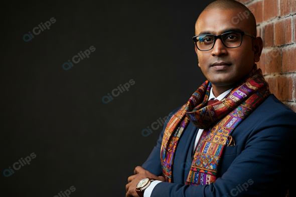 Professional Man in Colorful Scarf and Glasses by Brick Wall