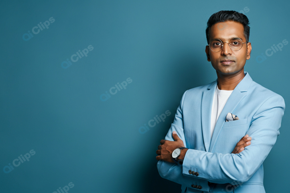 Professional Man in Blue Suit Standing Against Blue Background