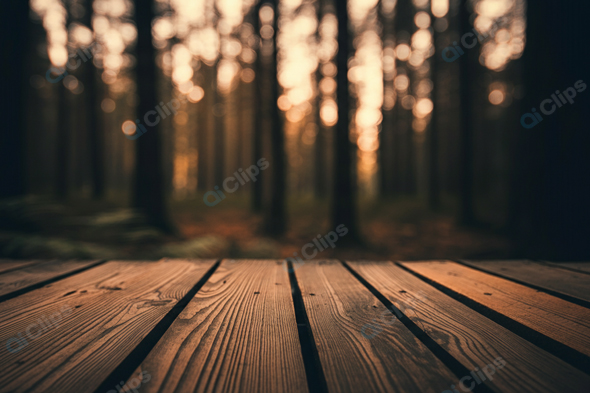 Wooden Deck Overlooking Mystical Forest at Sunset