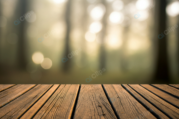 Wooden Deck With Forest Bokeh Background
