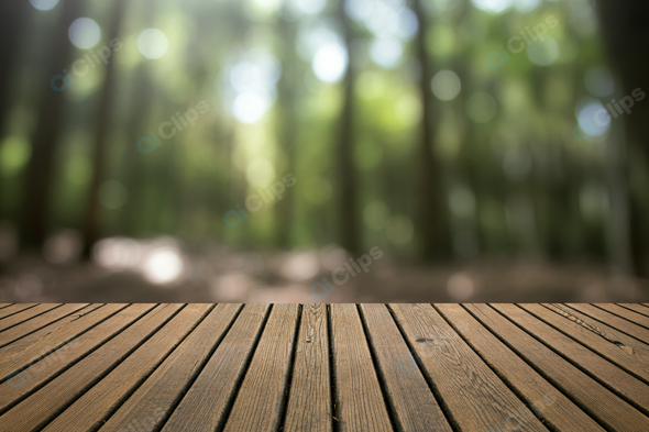 Wooden Deck Overlooking Blurred Forest Background