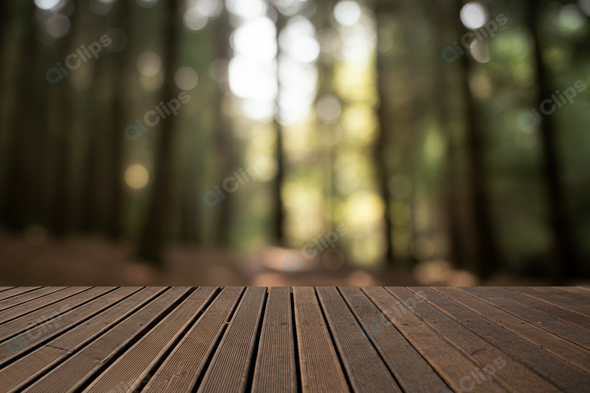 Blurred Forest Background with Wooden Deck