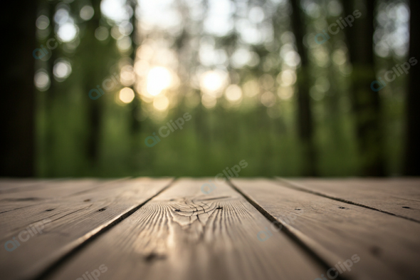 Wooden Deck with Sunlit Forest Background