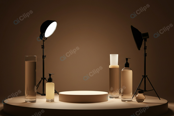 Studio Display with Cosmetic Bottles and Lighting Equipment