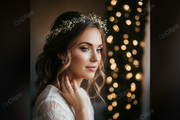 Bridal Portrait with Floral Headpiece and Bokeh Lights