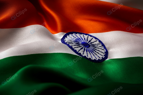 Flowing Indian Flag Close-Up with Embroidered Ashoka Chakra