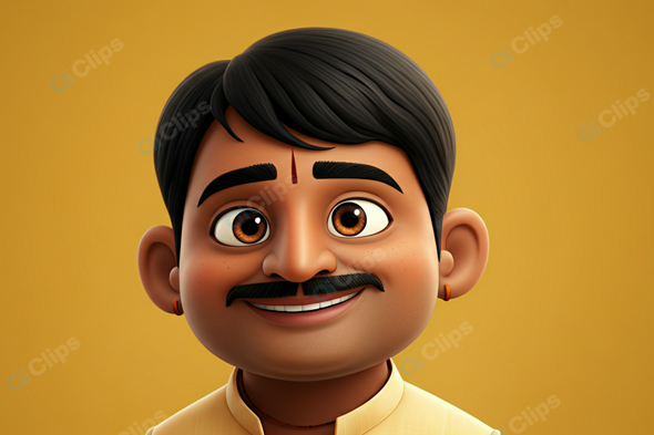 Smiling Cartoon Character with Mustache on Yellow Background