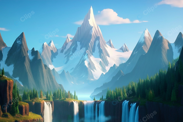Snowy Mountain Peaks with Waterfalls and Forest Scenery