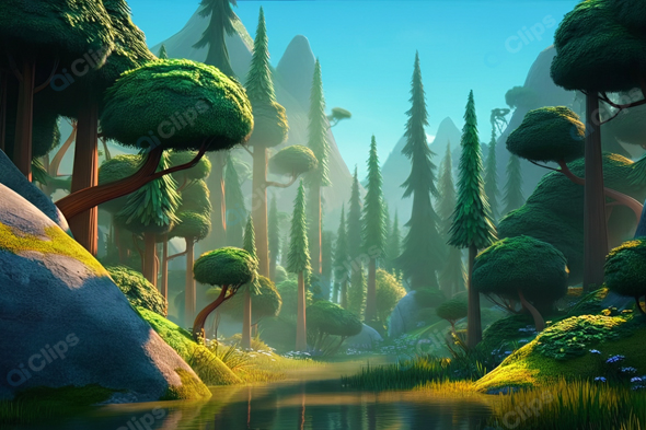 Fantasy Forest Landscape with Sunlit River