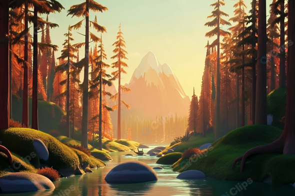 Sunlit Forest Stream with Mountain Backdrop