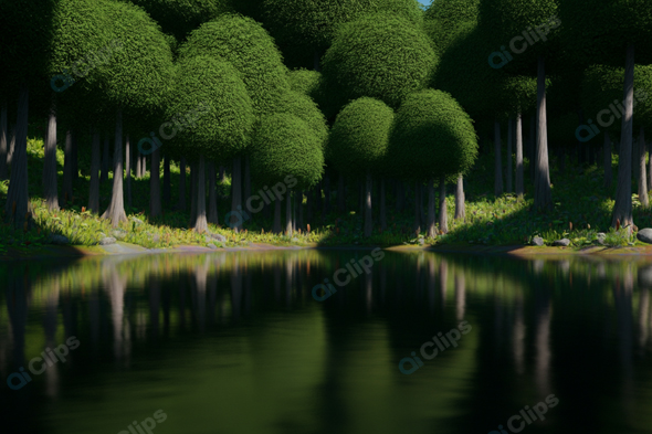Reflective Forest Lake Scene with Lush Greenery