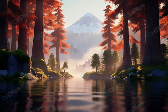 Scenic Forest Lake with Snow-Capped Mountain View