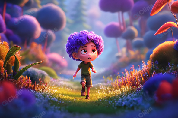 Child in Enchanted Forest with Colorful Flora