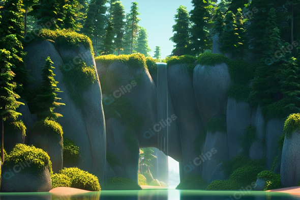Lush Forest Waterfall with Sunlit Cliffs