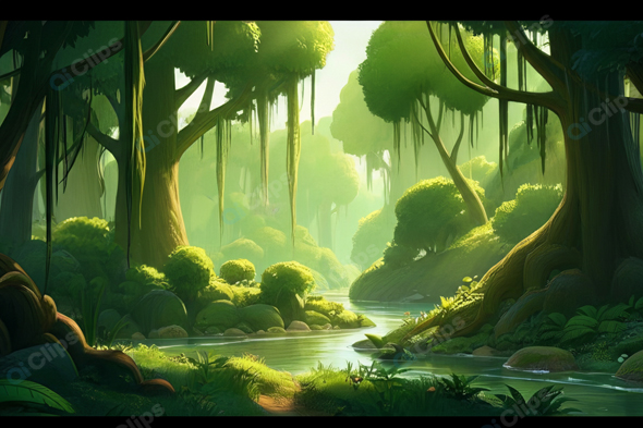 Lush Fantasy Forest with Sunlit Stream