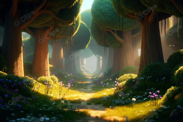 Enchanted Forest Pathway with Sunlit Trees and Flowers
