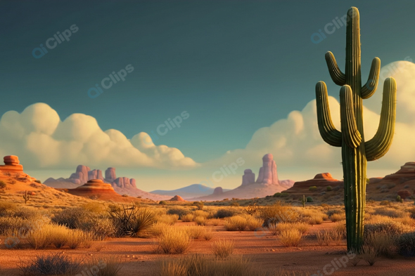 Desert Landscape with Cactus and Rock Formations