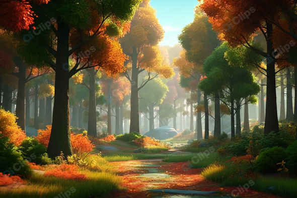 Autumn Forest Pathway with Vibrant Foliage and Sunlight