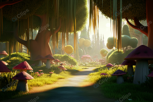 Enchanted Forest with Sunlit Path and Mushrooms
