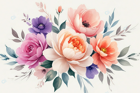 Watercolor Floral Bouquet with Soft Pastel Flowers and Elegant Foliage
