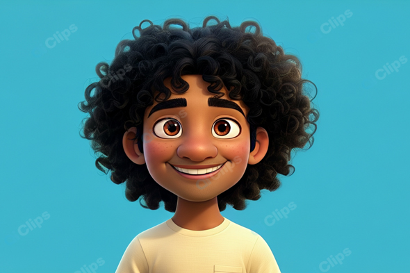 Smiling Animated Character with Curly Hair on Blue Background