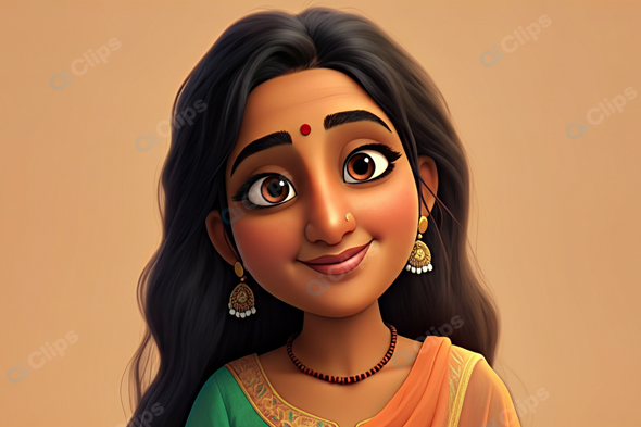 Animated Smiling Woman with Traditional Jewelry