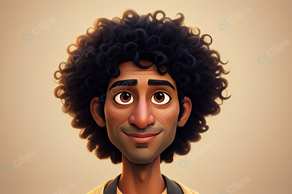 Animated Character with Curly Hair and Brown Eyes