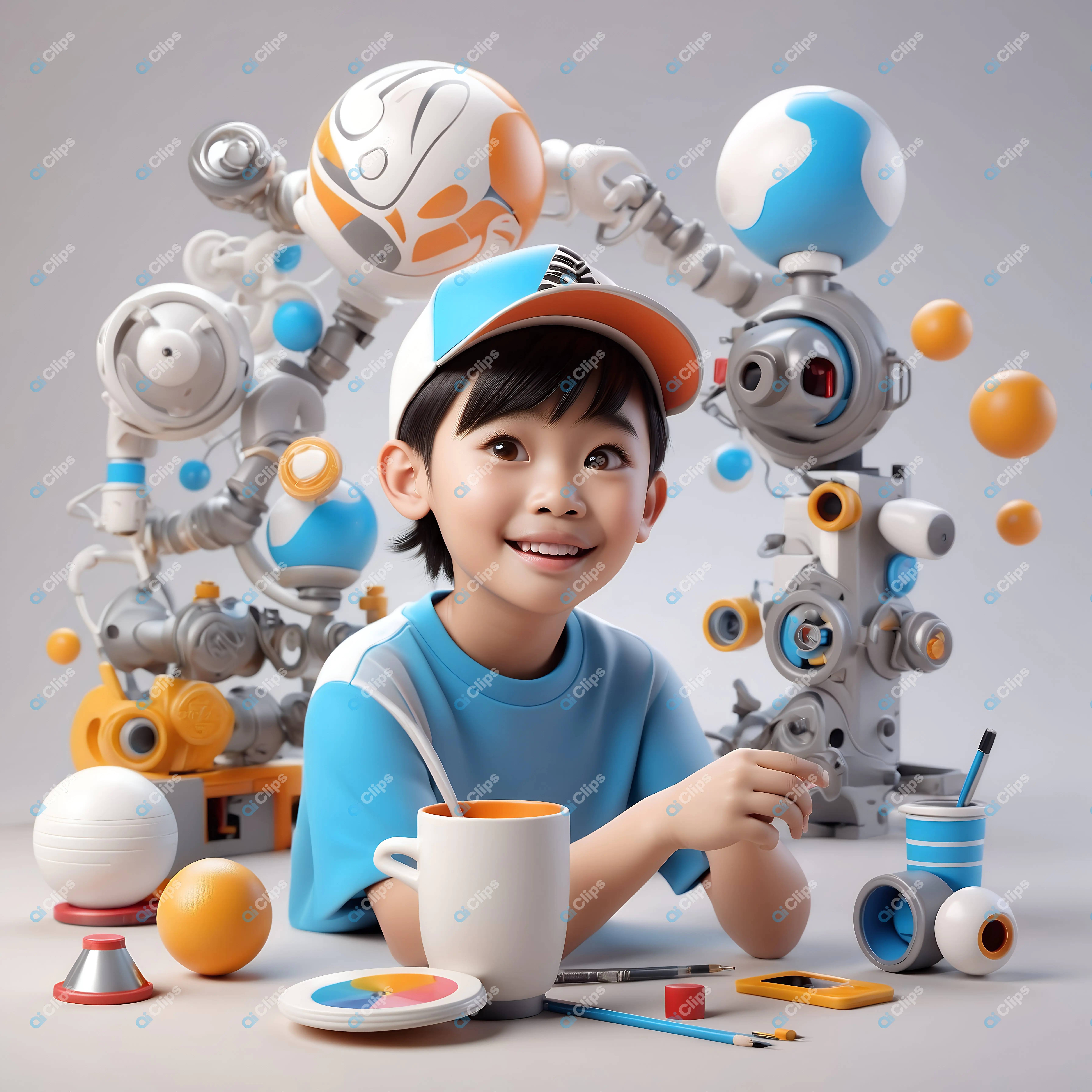 Joyful Child with Robots