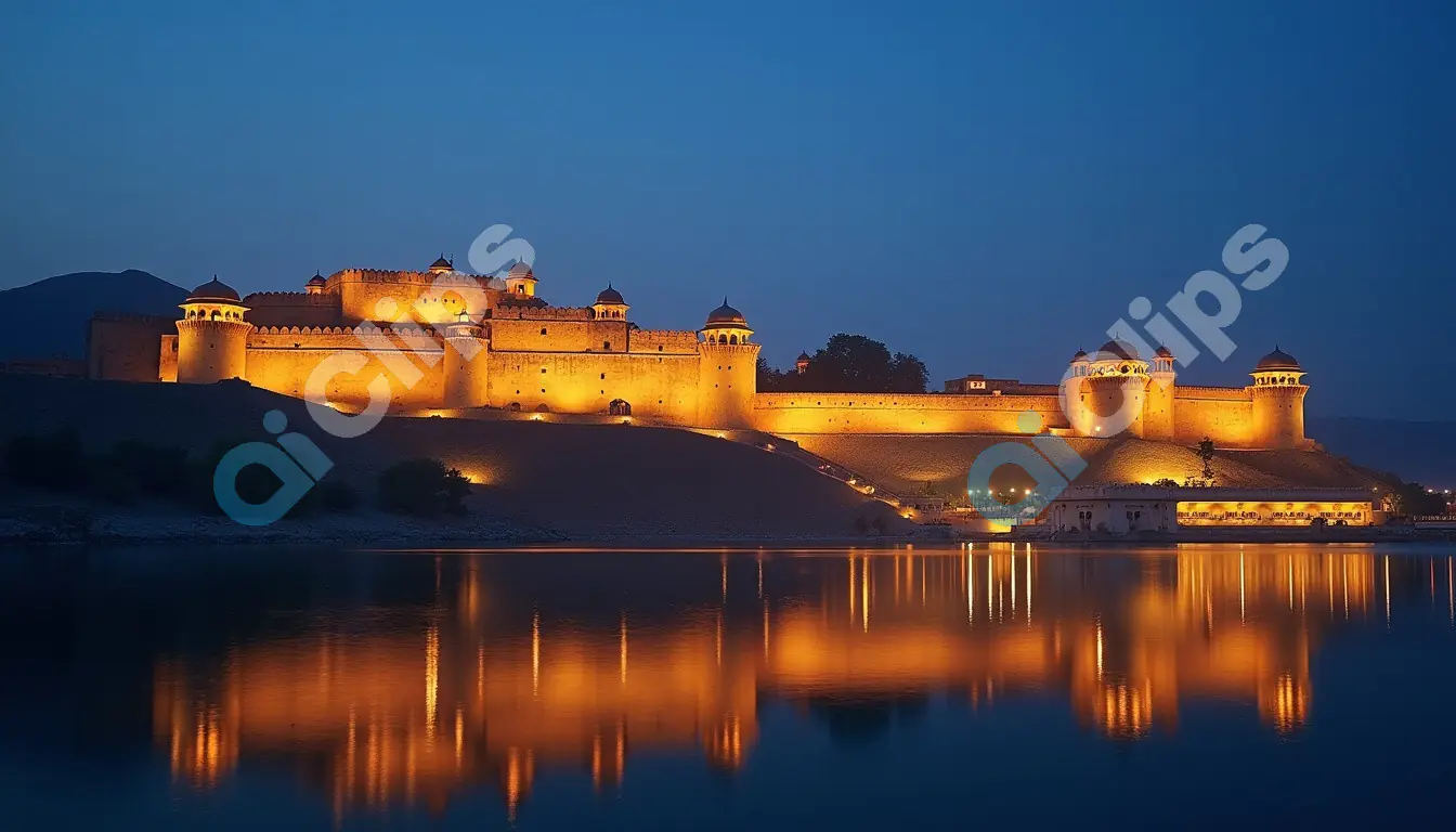 Illuminated Indian Fortress Reflected on a Calm Lake at Twilight